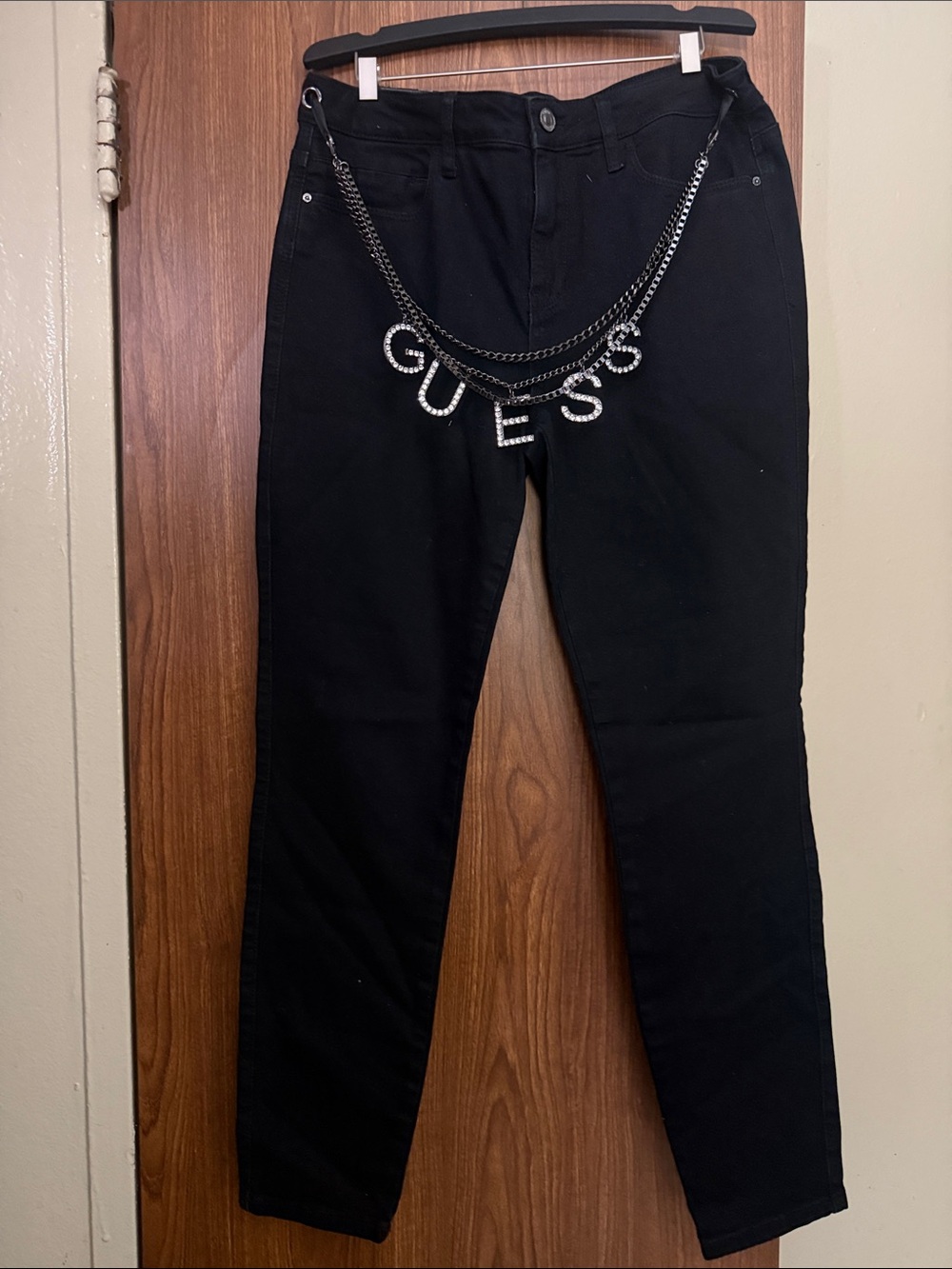 Guess Black Skinny Jeans with Rhinestone Chain Logo